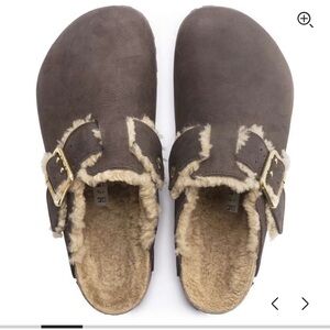 Birkenstock Boston Bold Shearling Nubuck leather- Dark Brown and Cream